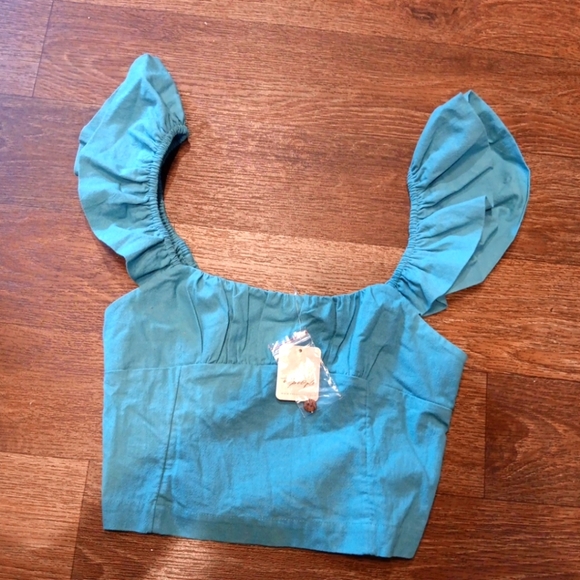 Free People Blue Ruffled Cap Sleeve Crop Top New - Picture 1 of 4